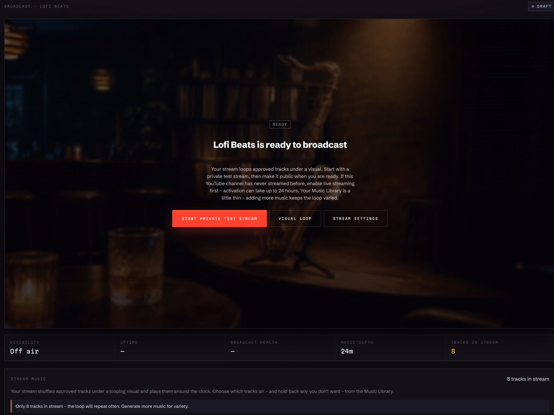 Marlonica Broadcast page showing a stream ready to start a private test stream.