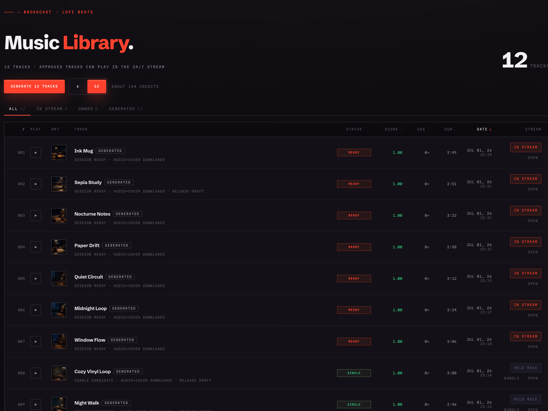 Marlonica Music Library page with generated tracks and stream controls.