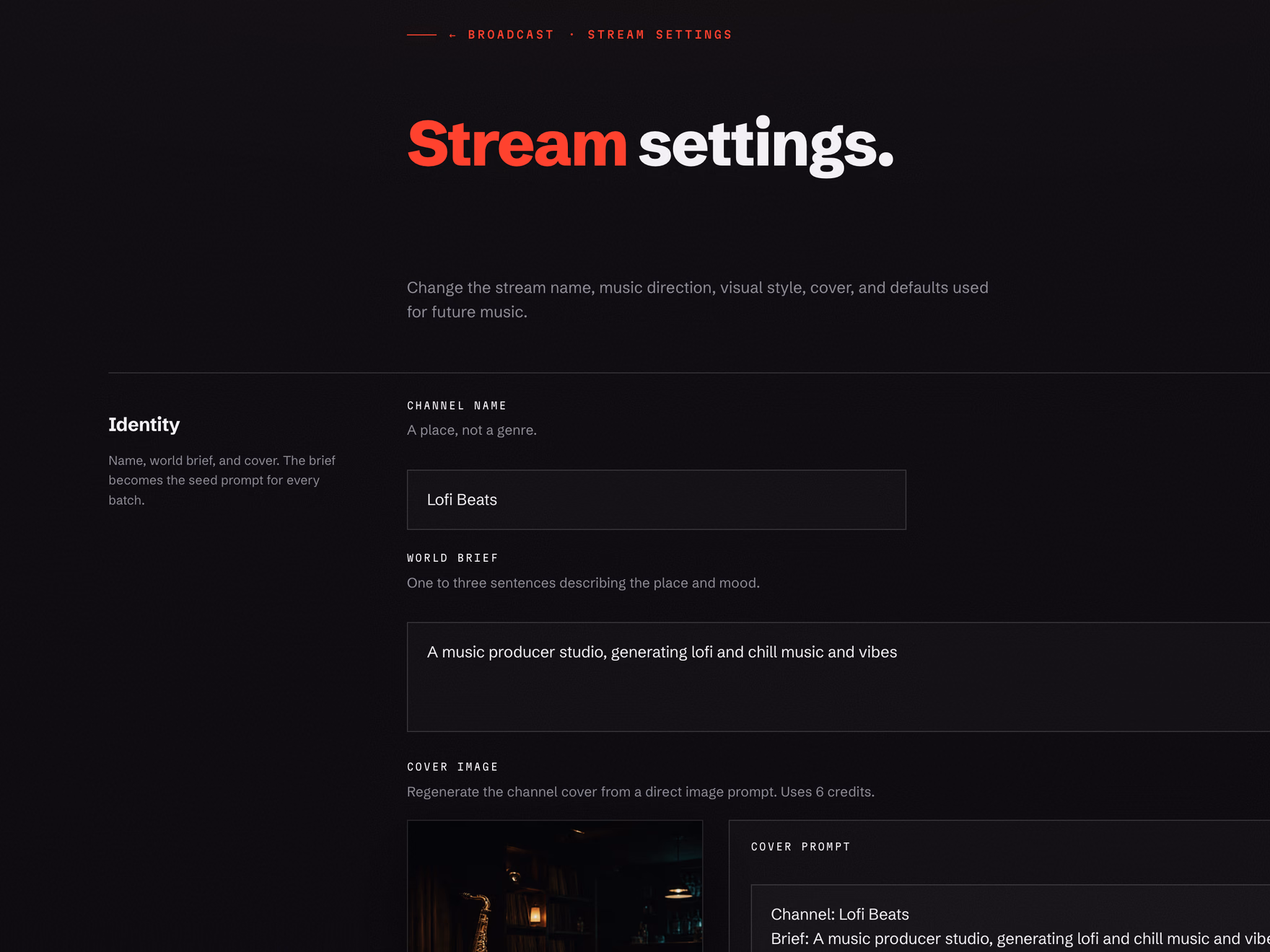 Marlonica stream settings page showing identity, music direction, and visual style controls.